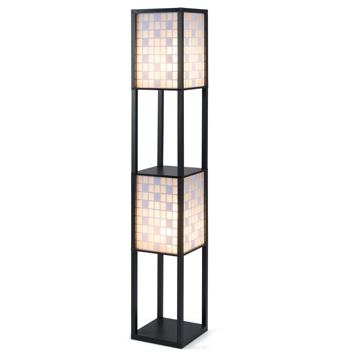 LIVSK Staande Lamp met Planken en 2 Lampenkappen - Voetschakelaar - Modern Design - E27-fitting - 26 x 26 x 156 cm - Zwart