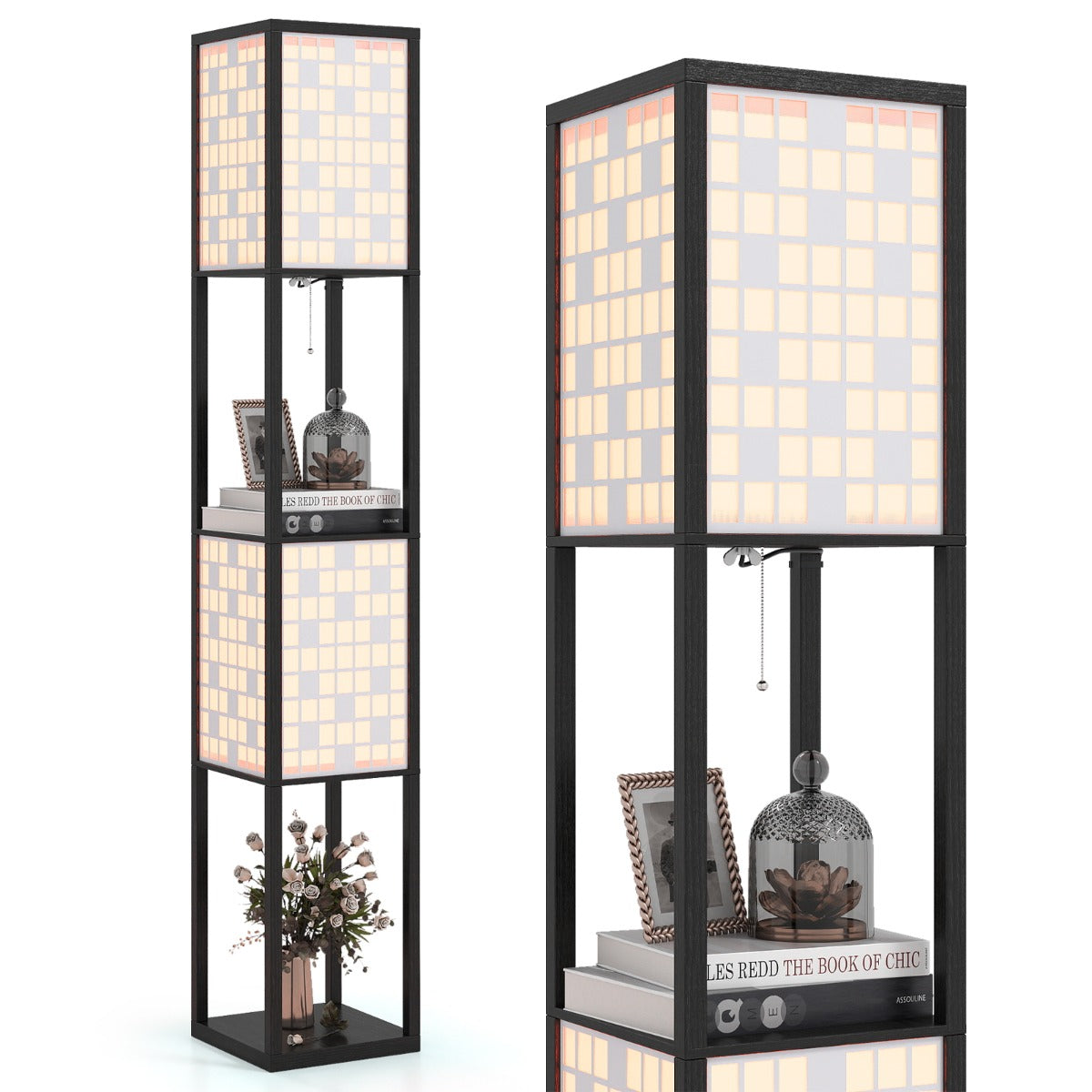 LIVSK Staande Lamp met Planken en 2 Lampenkappen - Voetschakelaar - Modern Design - E27-fitting - 26 x 26 x 156 cm - Zwart
