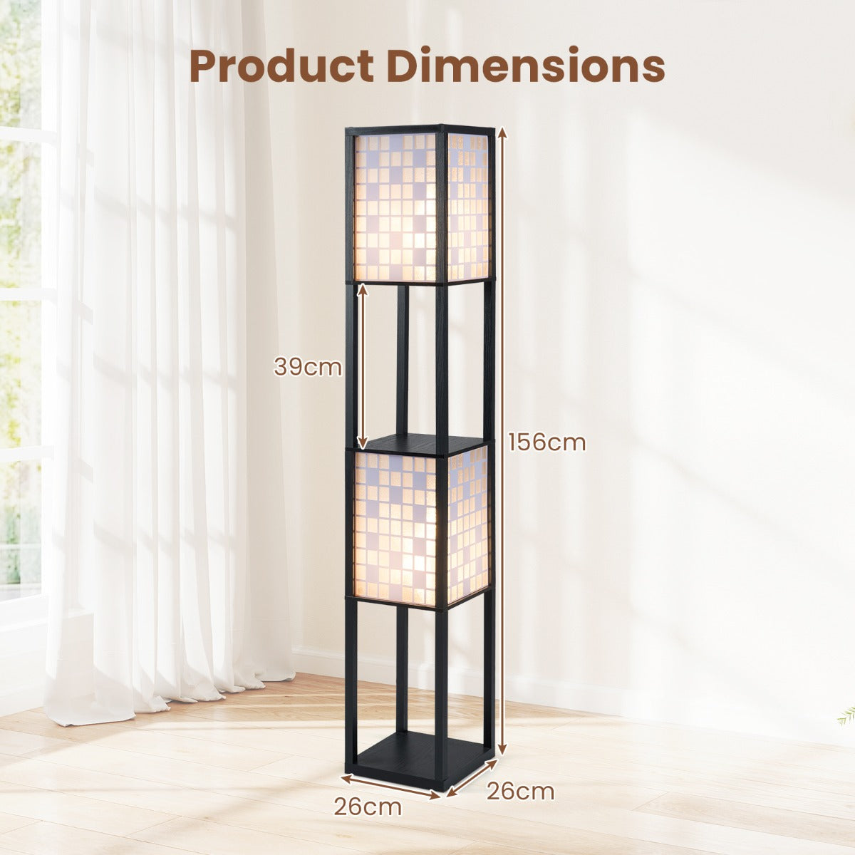 LIVSK Staande Lamp met Planken en 2 Lampenkappen - Voetschakelaar - Modern Design - E27-fitting - 26 x 26 x 156 cm - Zwart
