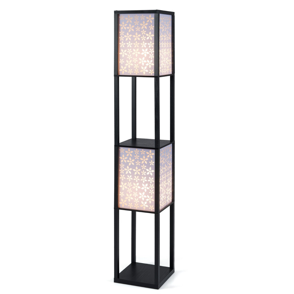 Livsk costway staande lamp woonkamerlamp met 2 planken en 2 lampenkappen moderne leeslamp met e27 fitting zonder lamp zwart 1 1