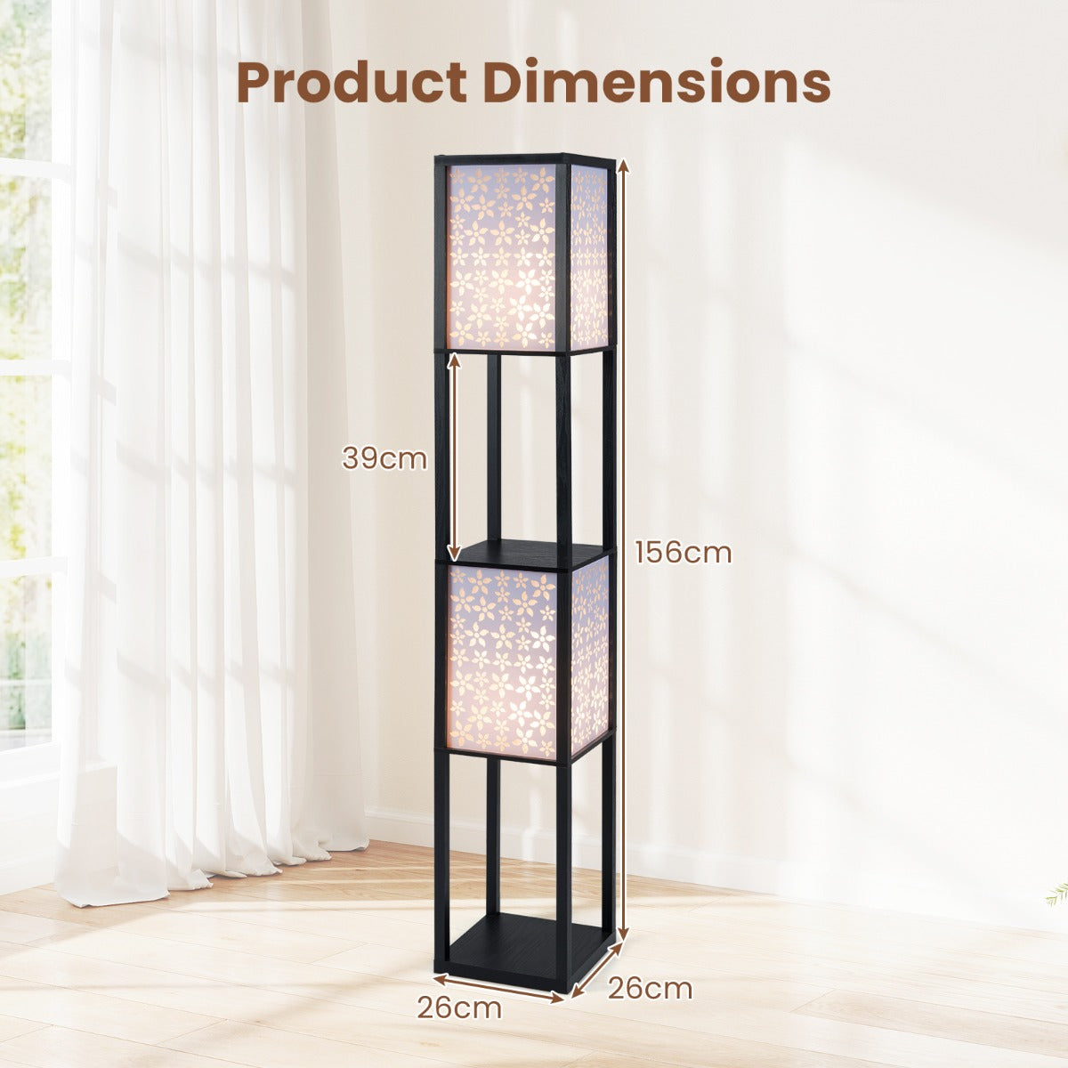 Livsk costway staande lamp woonkamerlamp met 2 planken en 2 lampenkappen moderne leeslamp met e27 fitting zonder lamp zwart 2
