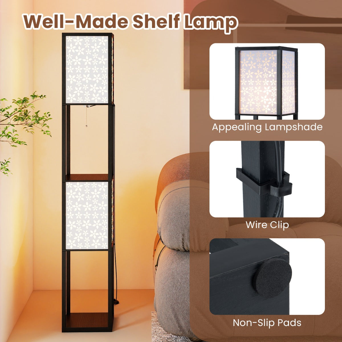 Livsk costway staande lamp woonkamerlamp met 2 planken en 2 lampenkappen moderne leeslamp met e27 fitting zonder lamp zwart 6