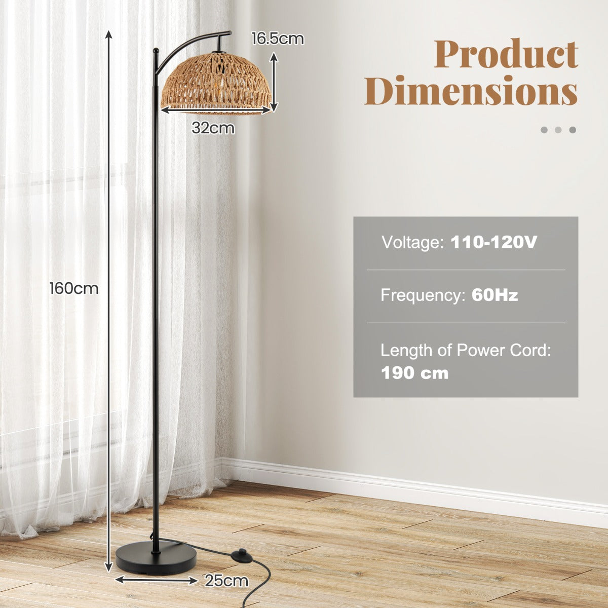 LIVSK Boogvormige Vloerlamp - E26 Fitting - Stabiele Voet met Antislip - Onbreekbare Kap - Voetschakelaar - Zwart
