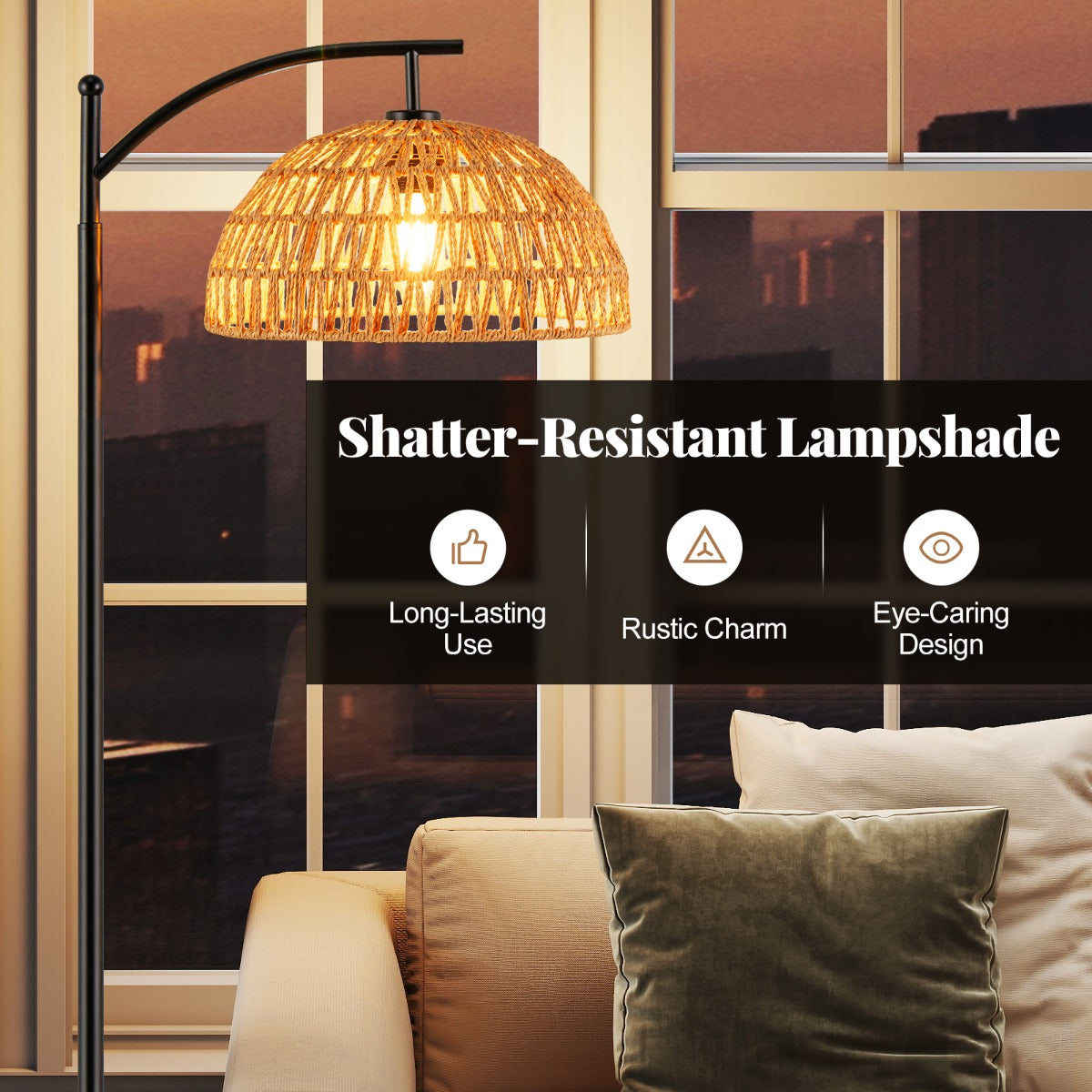 LIVSK Boogvormige Vloerlamp - E26 Fitting - Stabiele Voet met Antislip - Onbreekbare Kap - Voetschakelaar - Zwart