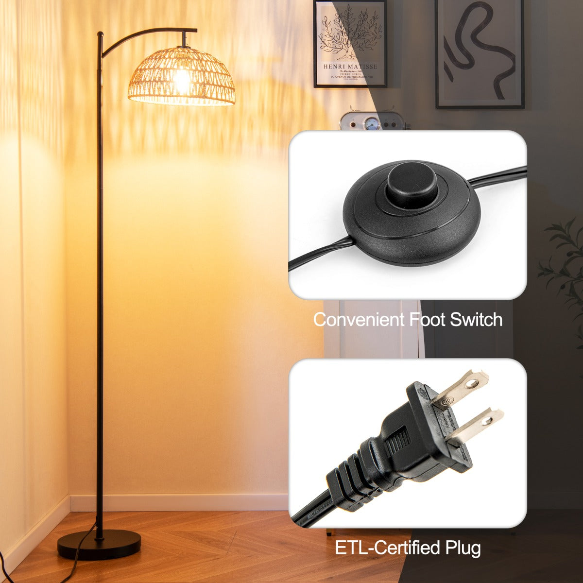 LIVSK Boogvormige Vloerlamp - E26 Fitting - Stabiele Voet met Antislip - Onbreekbare Kap - Voetschakelaar - Zwart
