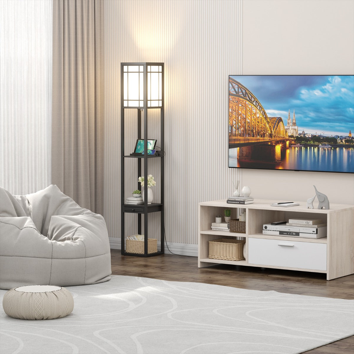 LIVSK Plank Vloerlamp met USB-poorten - 1 Lade en 3 Open Planken - Trekschakelaar - 26 x 26 x 160,5 cm - Zwart