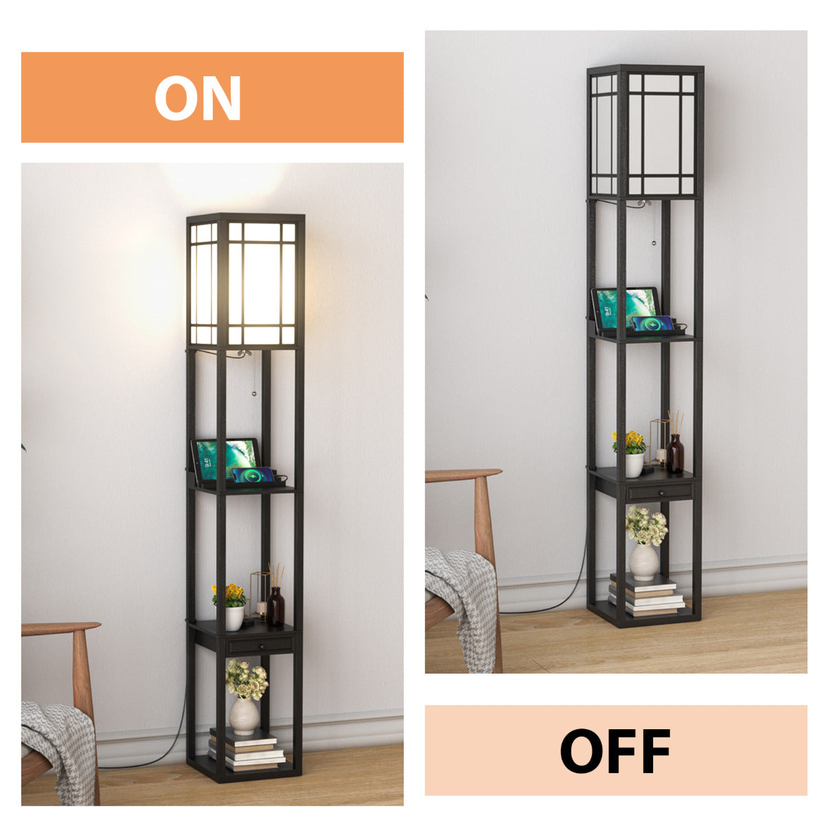 LIVSK Plank Vloerlamp met USB-poorten - 1 Lade en 3 Open Planken - Trekschakelaar - 26 x 26 x 160,5 cm - Zwart