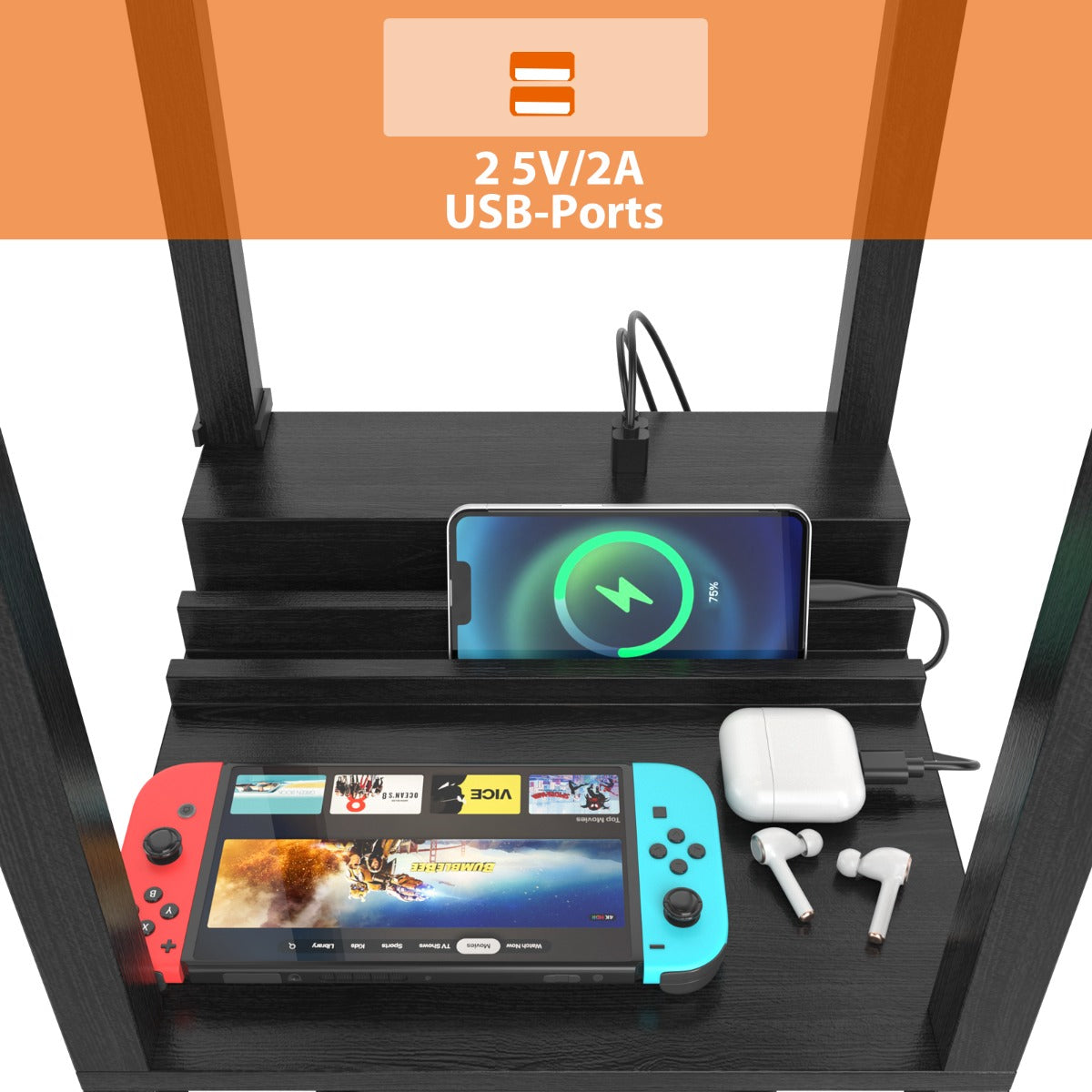 LIVSK Plank Vloerlamp met USB-poorten - 1 Lade en 3 Open Planken - Trekschakelaar - 26 x 26 x 160,5 cm - Zwart