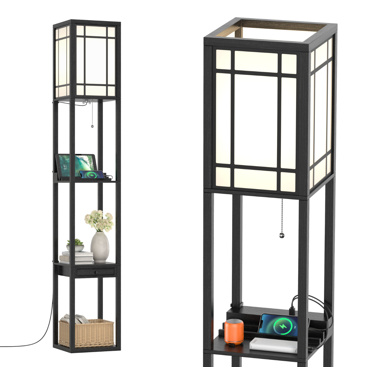 LIVSK Plank Vloerlamp met USB-poorten - 1 Lade en 3 Open Planken - Trekschakelaar - 26 x 26 x 160,5 cm - Zwart