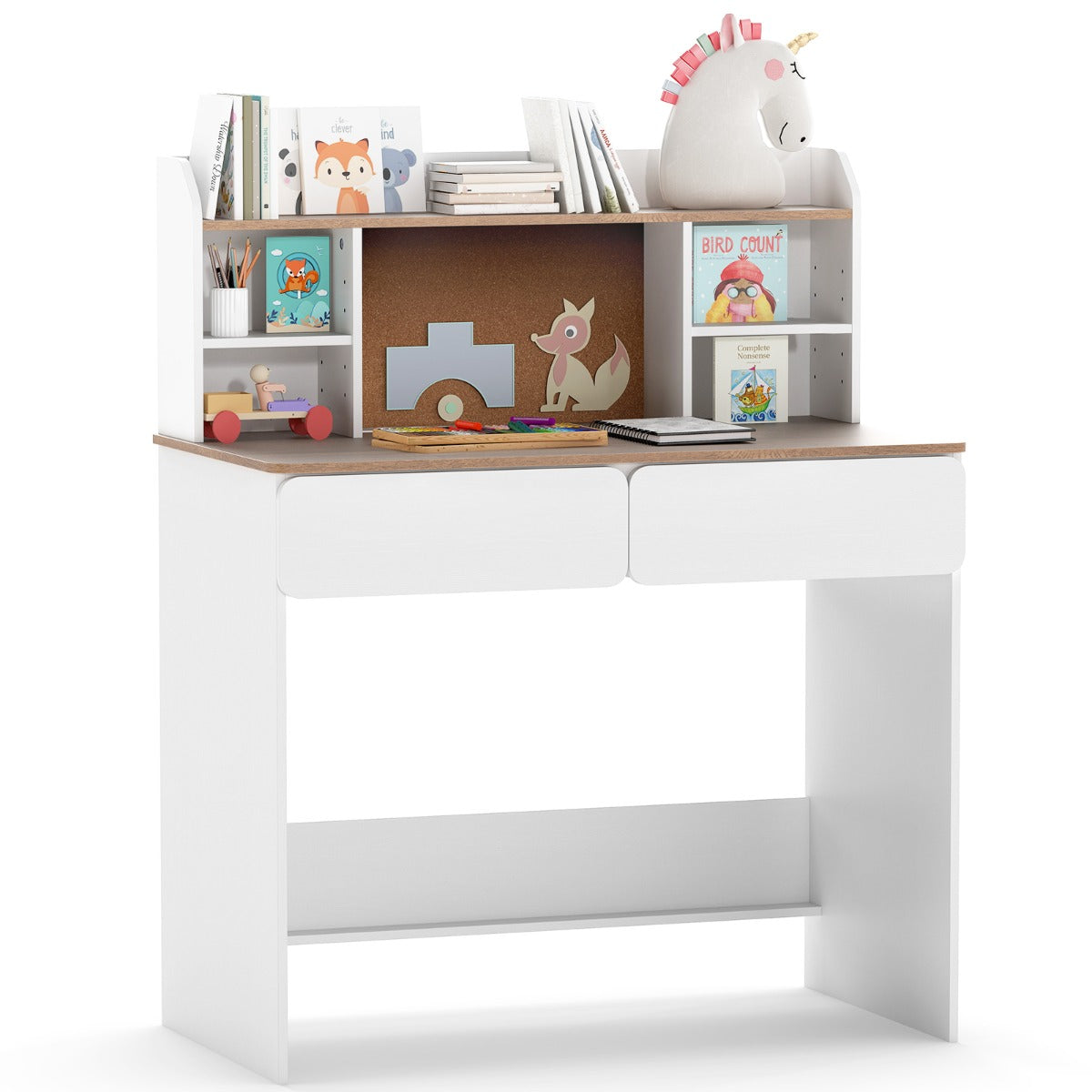 LIVSK Kinderschrijftafel - Stabiel Hout - Verstelbare Planken - Oplaadstation - Kurken Prikbord - 90 x 48 x 109 cm - Wit