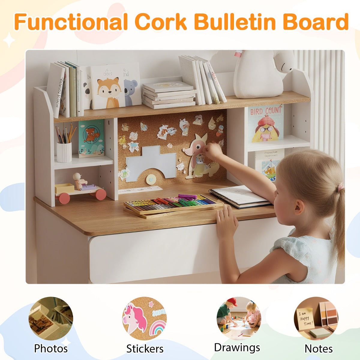 LIVSK Kinderschrijftafel - Stabiel Hout - Verstelbare Planken - Oplaadstation - Kurken Prikbord - 90 x 48 x 109 cm - Wit