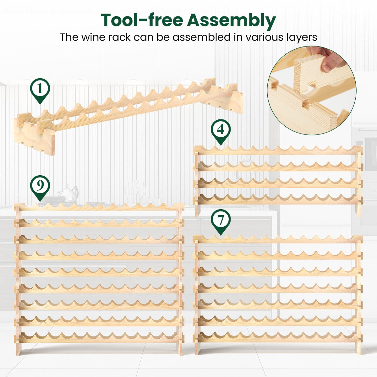 LIVSK Wijnrek voor 108 Flessen - Natuurlijk Grenenhout - Vrijstaand - Eenvoudige Installatie - Draagvermogen 160 kg - Natuurlijk