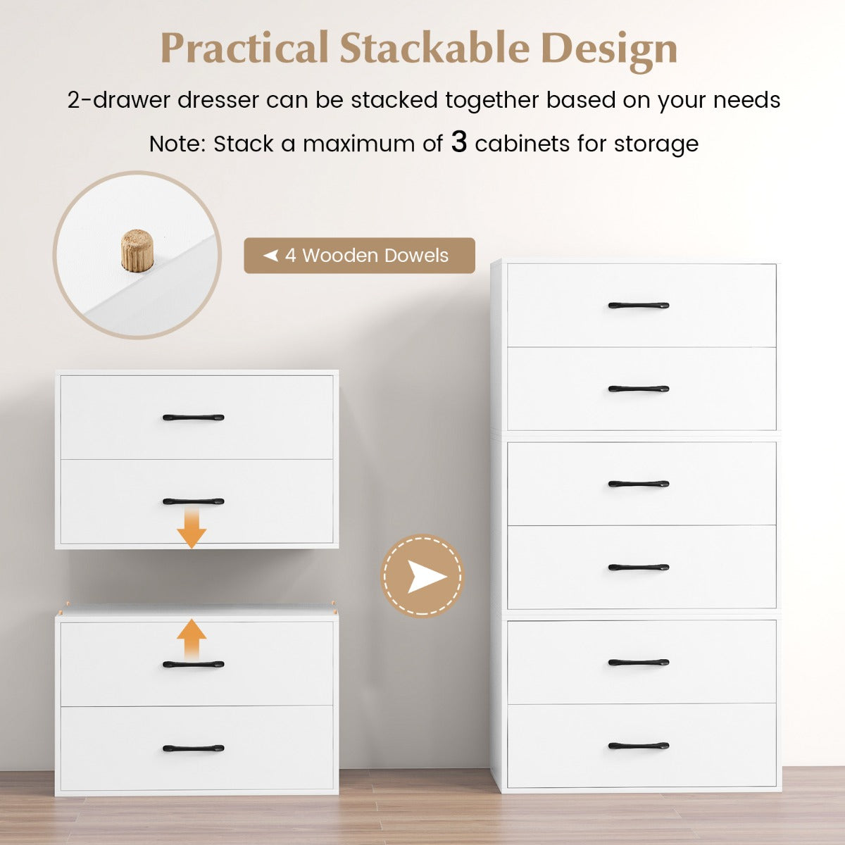LIVSK Opbergkast met 2 Lades - Stapelbaar - Duurzaam Hout - Inclusief Anti-Kantelsets - 60 x 34 x 38 cm - Zwart