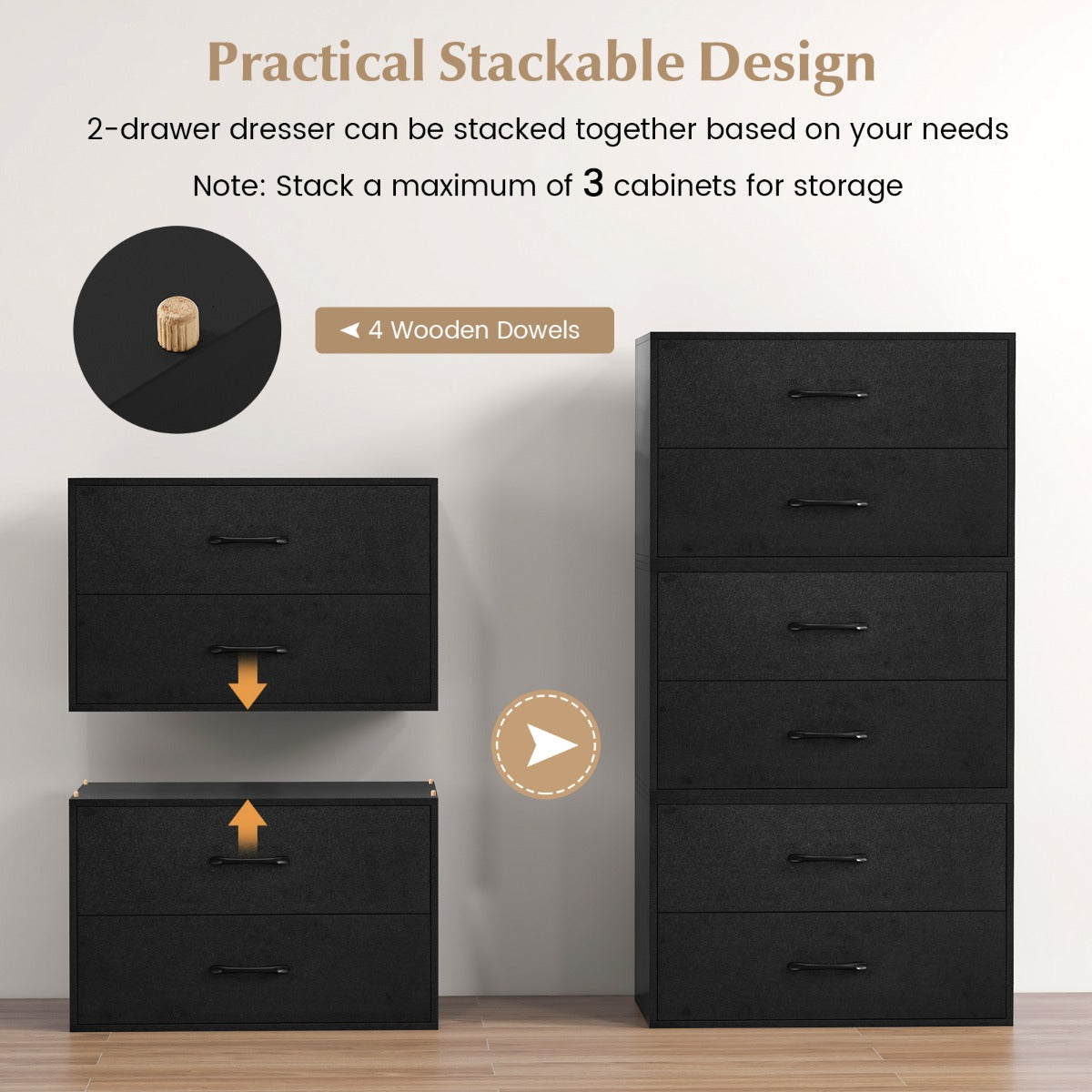 Livsk costway stapelbaar opbergmeubel met 2 laden horizontaal opbergmeubel met anti kantelsets stapelbaar ladeblok voor woonkamer kantoor zwart 3