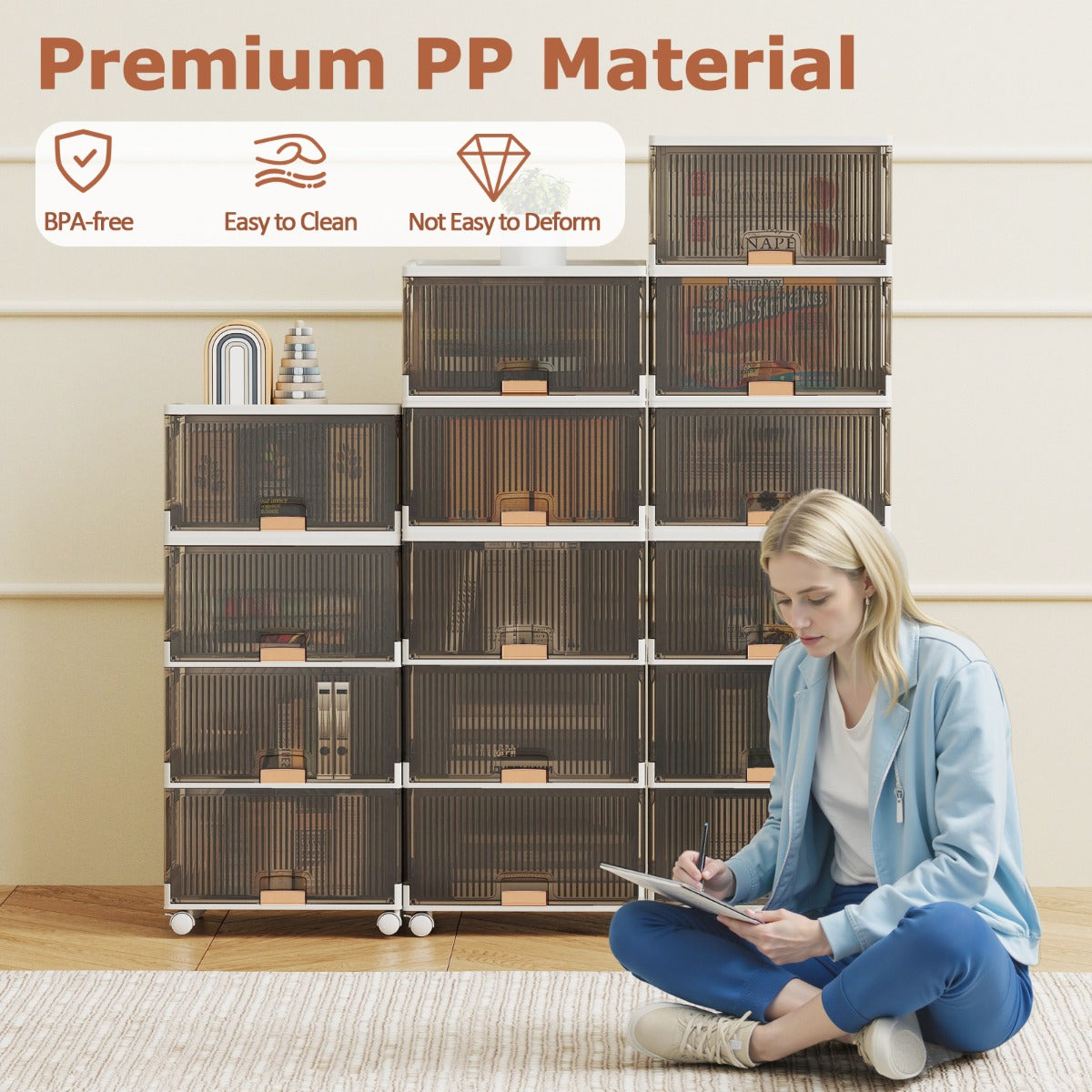 LIVSK Stapelbare Opbergbak 85L/102L - Modulaire Indeling met Afneembare Wielen - Handgrepen - Veilig en Duurzaam - Wit + Bruin