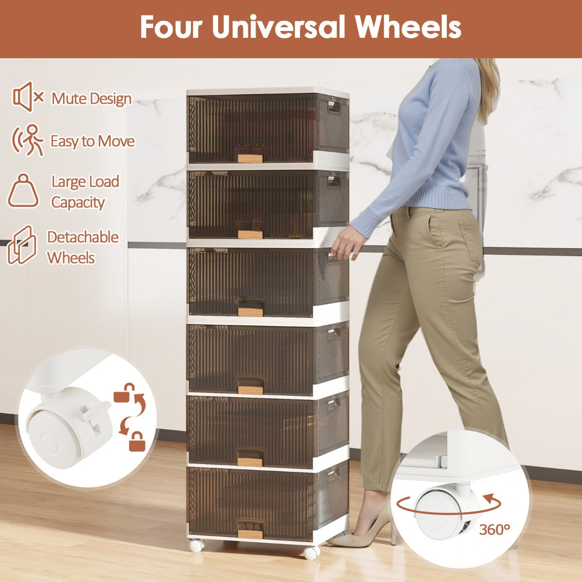 LIVSK Stapelbare Opbergbak 85L/102L - Modulaire Indeling met Afneembare Wielen - Handgrepen - Veilig en Duurzaam - Wit + Bruin