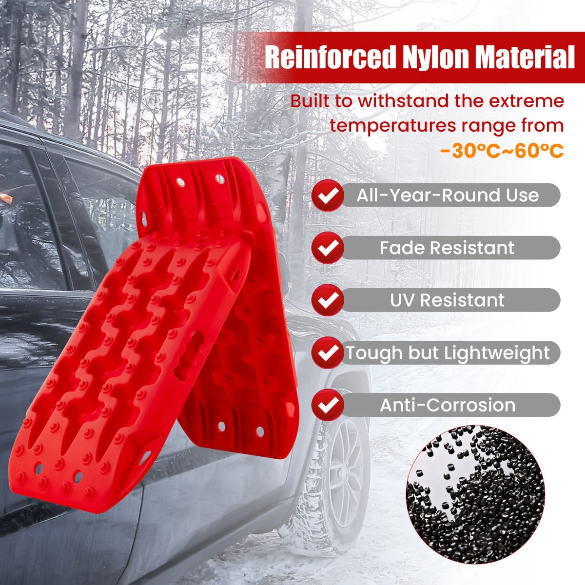 LIVSK Offroad-Tractiematten - Robuust Nylon - 10 Ton Draagvermogen - Flexibel en Lichtgewicht - Voor Zand, Modder en Sneeuw - Rood