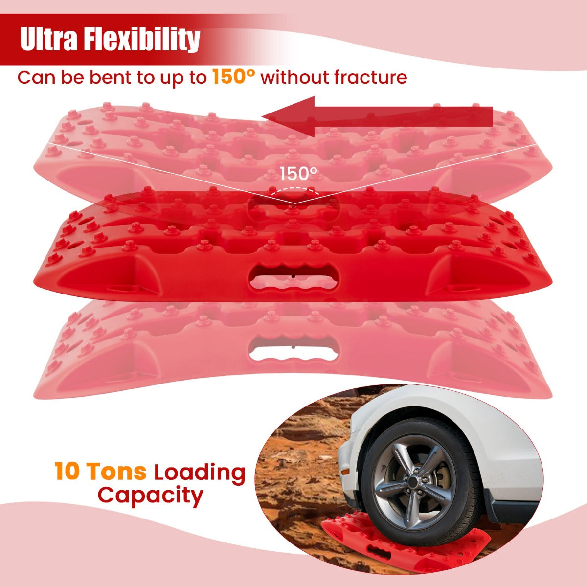 LIVSK Offroad-Tractiematten - Robuust Nylon - 10 Ton Draagvermogen - Flexibel en Lichtgewicht - Voor Zand, Modder en Sneeuw - Rood