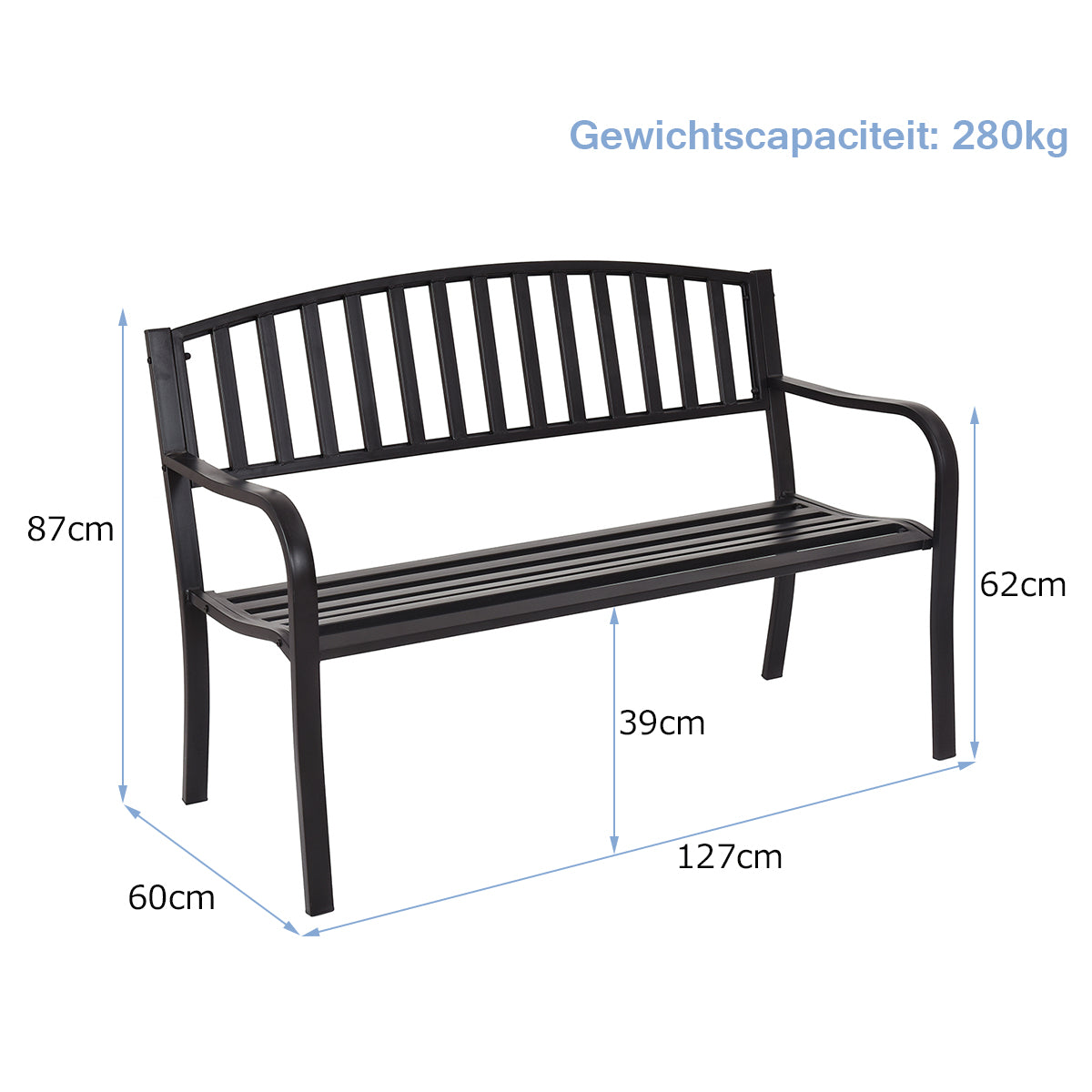 LIVSK Stalen Tuinbank - Ergonomisch Ontwerp - Streepdessin - Voor 2-3 Personen - 280 kg Draagvermogen - 127 x 60 x 87 cm - Zwart