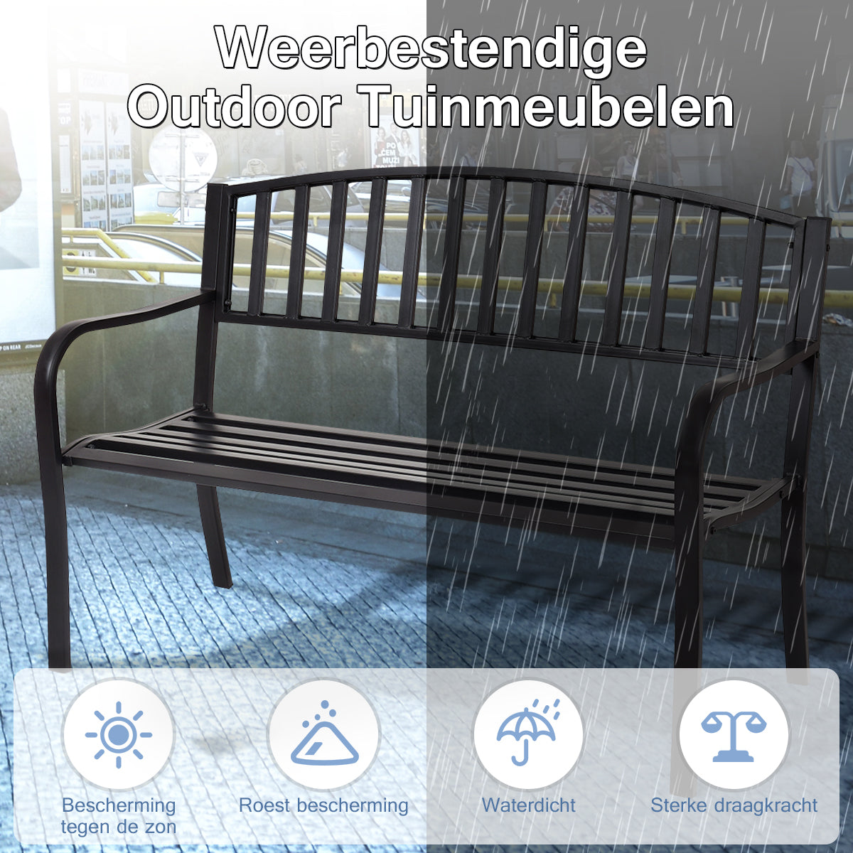 LIVSK Stalen Tuinbank - Ergonomisch Ontwerp - Streepdessin - Voor 2-3 Personen - 280 kg Draagvermogen - 127 x 60 x 87 cm - Zwart