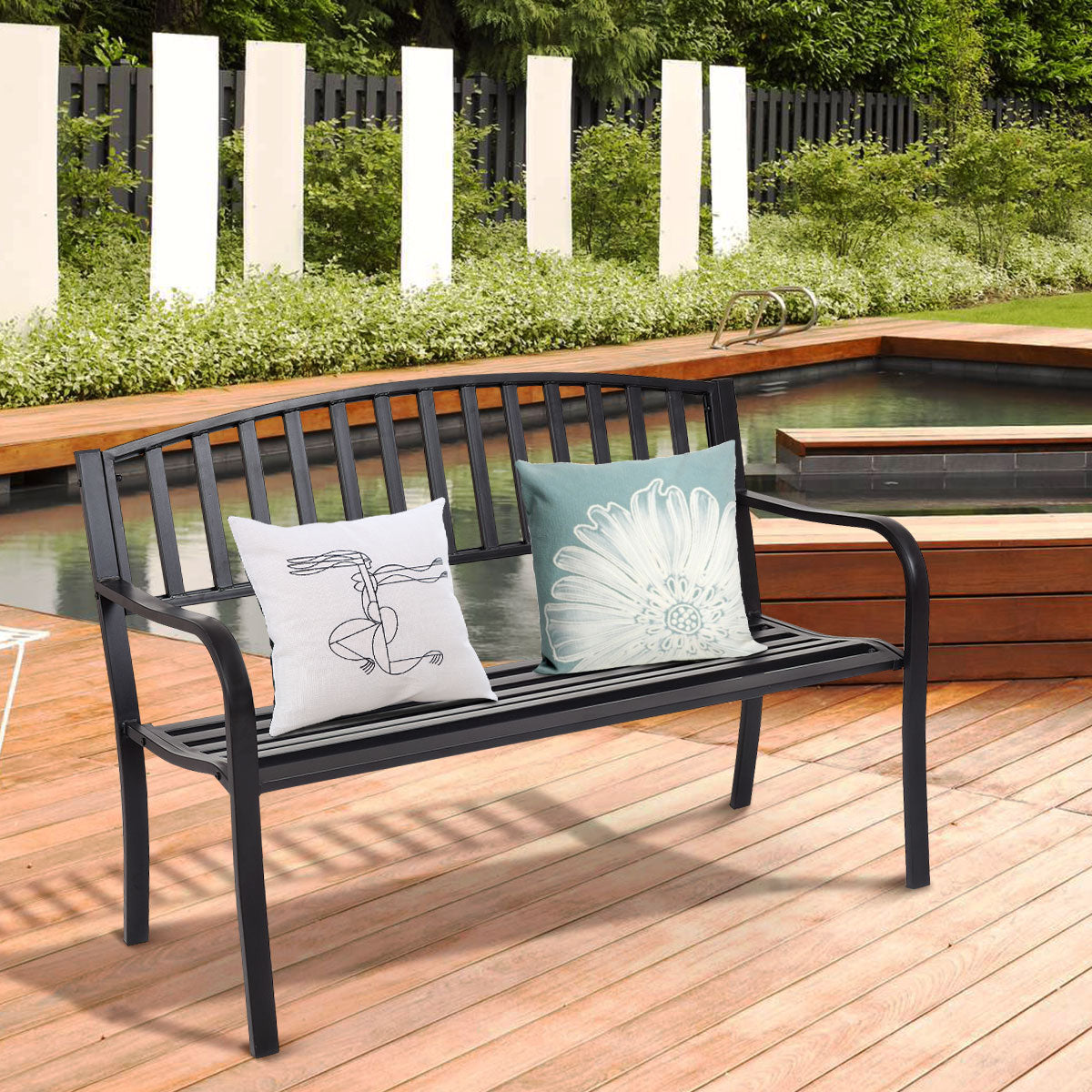 LIVSK Stalen Tuinbank - Ergonomisch Ontwerp - Streepdessin - Voor 2-3 Personen - 280 kg Draagvermogen - 127 x 60 x 87 cm - Zwart