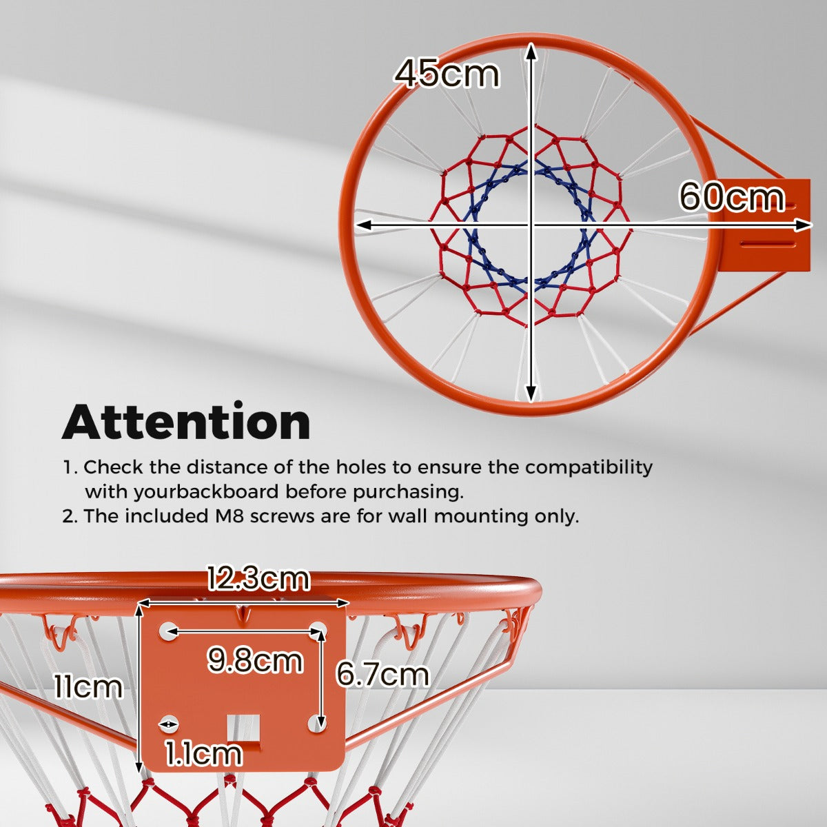 Livsk costway stevige basketbalring o45cm weerbestendig aan de muur te bevestigen compleet met basket en net oranje 2
