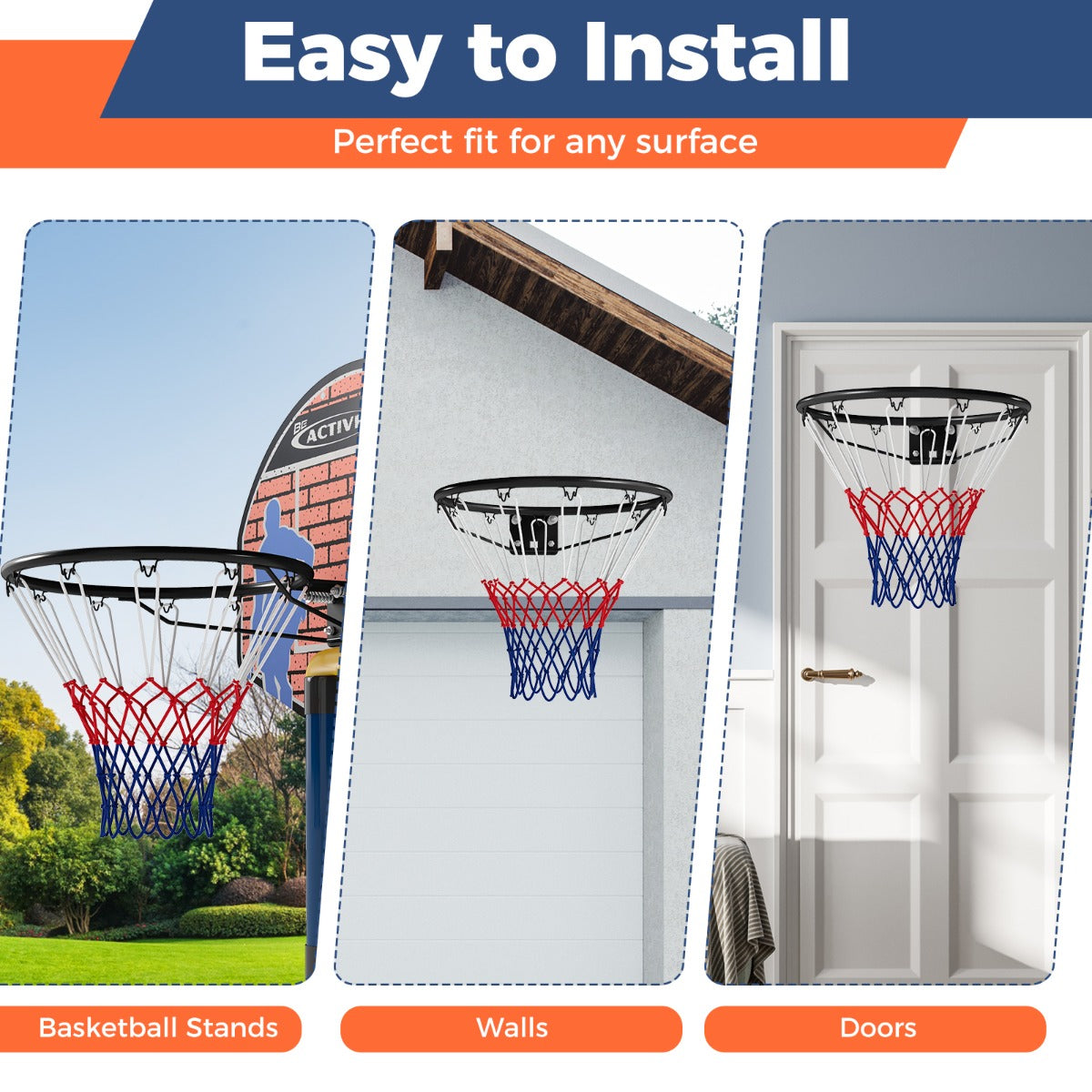Livsk costway stevige basketbalring o45cm weerbestendig aan de muur te bevestigen compleet met basket en net zwart 3