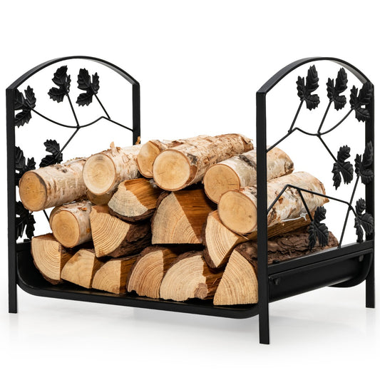LIVSK Brandhoutstandaard - Stevig Stalen Frame - Tot 50 kg - Compact Ontwerp 48 x 34 x 41 cm - Elegante Bladpatronen - Zwart