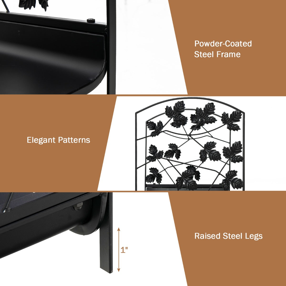 LIVSK Brandhoutstandaard - Stevig Stalen Frame - Tot 50 kg - Compact Ontwerp 48 x 34 x 41 cm - Elegante Bladpatronen - Zwart