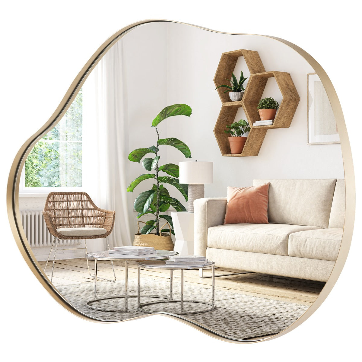 LIVSK Asymmetrische Wandspiegel - HD Reflectie - Stevig MDF en Metaal - Waterbestendig - 78 x 56 cm - Goud