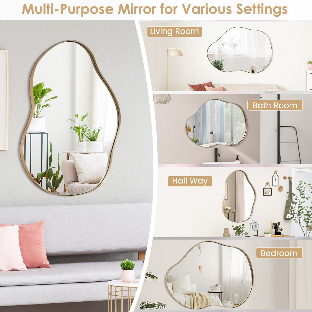 LIVSK Asymmetrische Wandspiegel - HD Reflectie - Stevig MDF en Metaal - Waterbestendig - 78 x 56 cm - Goud