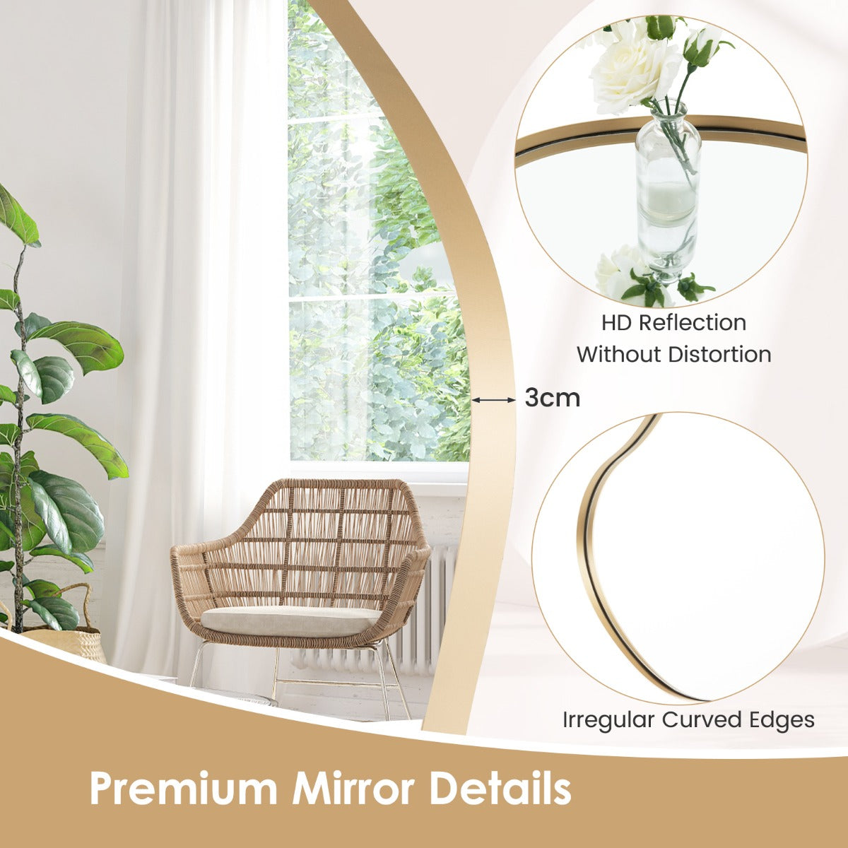 LIVSK Asymmetrische Wandspiegel - HD Reflectie - Stevig MDF en Metaal - Waterbestendig - 78 x 56 cm - Goud