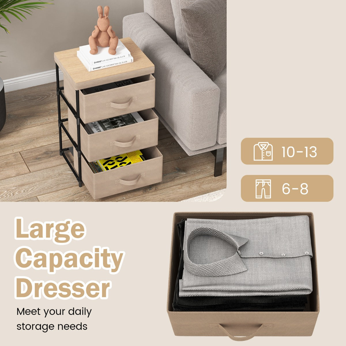 LIVSK Opvouwbare Ladekast - 3 Ruime Lades - Stabiel Metalen Frame - Multifunctioneel voor Slaapkamer en Gang - 40 x 30 x 62 cm -