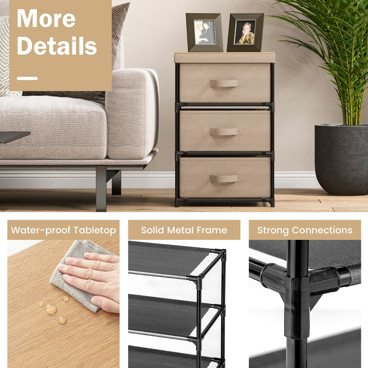 LIVSK Opvouwbare Ladekast - 3 Ruime Lades - Stabiel Metalen Frame - Multifunctioneel voor Slaapkamer en Gang - 40 x 30 x 62 cm -