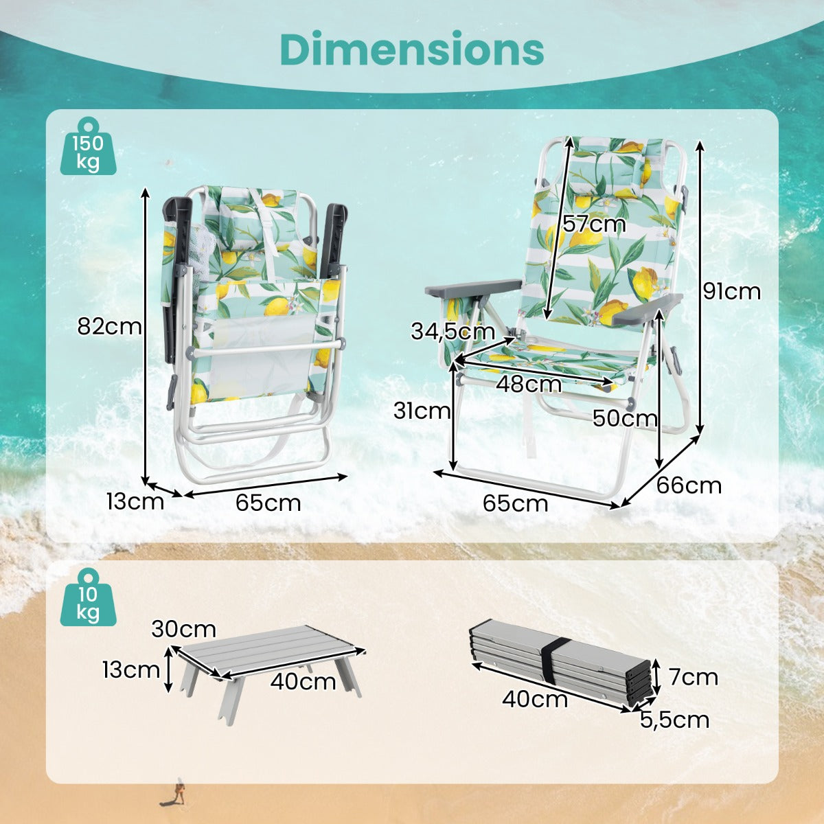 LIVSK Strandstoelenset met Tafel - 5 Verstelbare Rugleuningen - Lichtgewicht Aluminium - Opvouwbaar - Meerkleurig