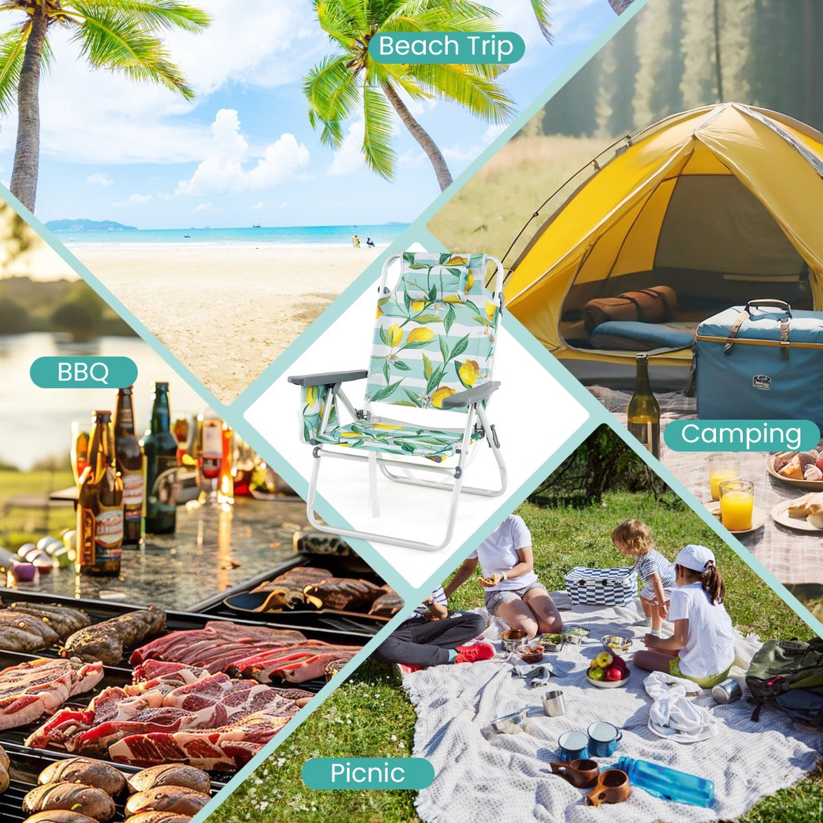 LIVSK Strandstoelenset met Tafel - 5 Verstelbare Rugleuningen - Lichtgewicht Aluminium - Opvouwbaar - Meerkleurig