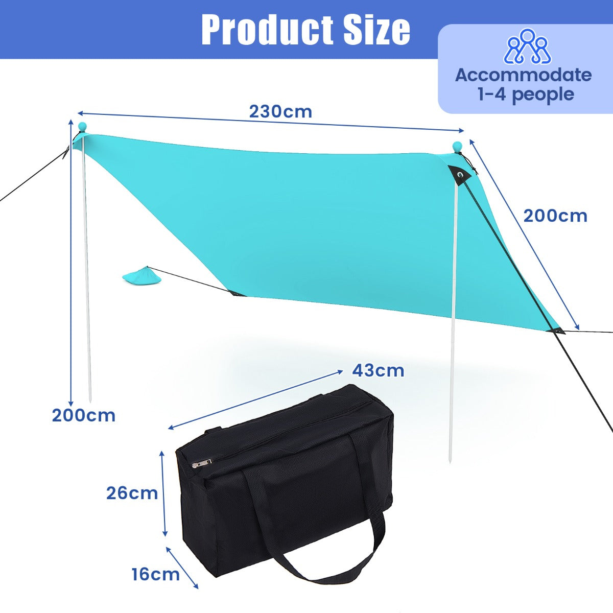 LIVSK Draagbare Strandluifel 200 x 200 cm - UPF-50+ Zonbescherming - Inclusief Haringen en Draagtas - Lichtgewicht - Turquoise