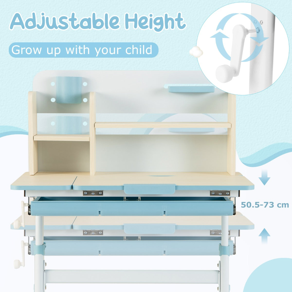 Livsk costway studiebureau voor kinderen in hoogte verstelbare schrijftafel kantelbaar blad kinderbureau met hok lade penhouder meetlat blauw 2