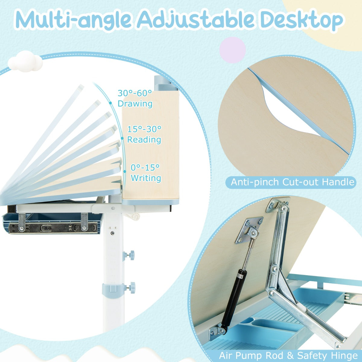 Livsk costway studiebureau voor kinderen in hoogte verstelbare schrijftafel kantelbaar blad kinderbureau met hok lade penhouder meetlat blauw 3