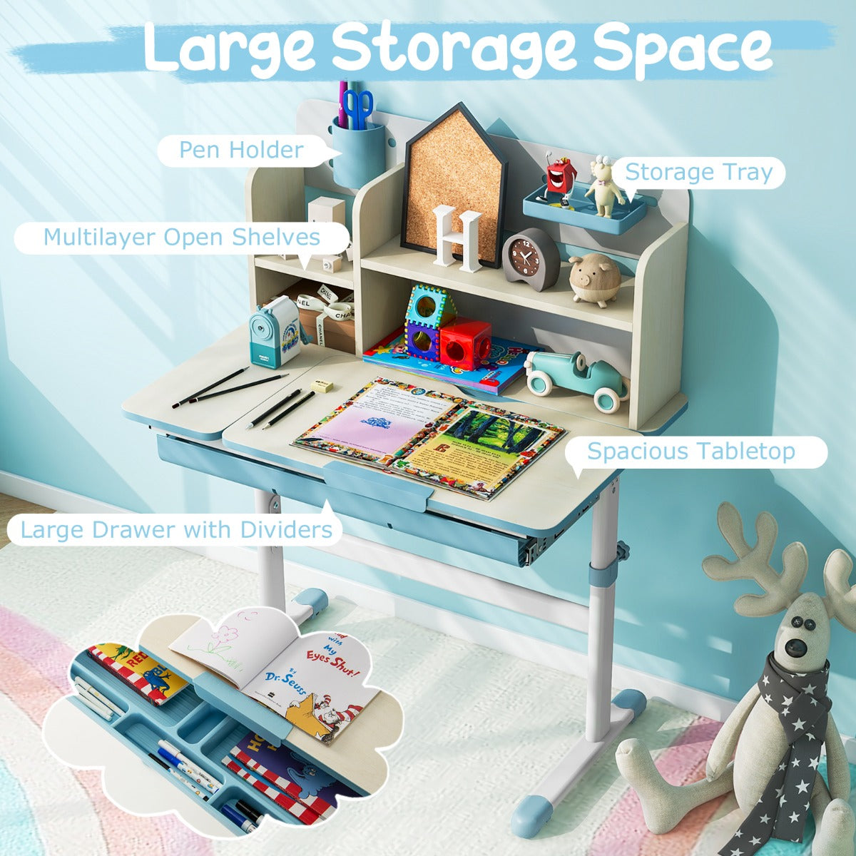 Livsk costway studiebureau voor kinderen in hoogte verstelbare schrijftafel kantelbaar blad kinderbureau met hok lade penhouder meetlat blauw 4