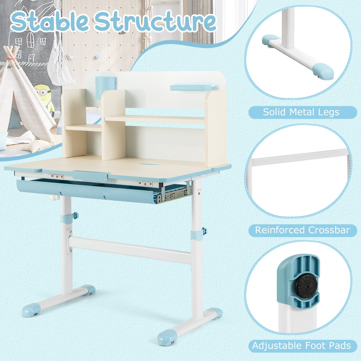 Livsk costway studiebureau voor kinderen in hoogte verstelbare schrijftafel kantelbaar blad kinderbureau met hok lade penhouder meetlat blauw 6