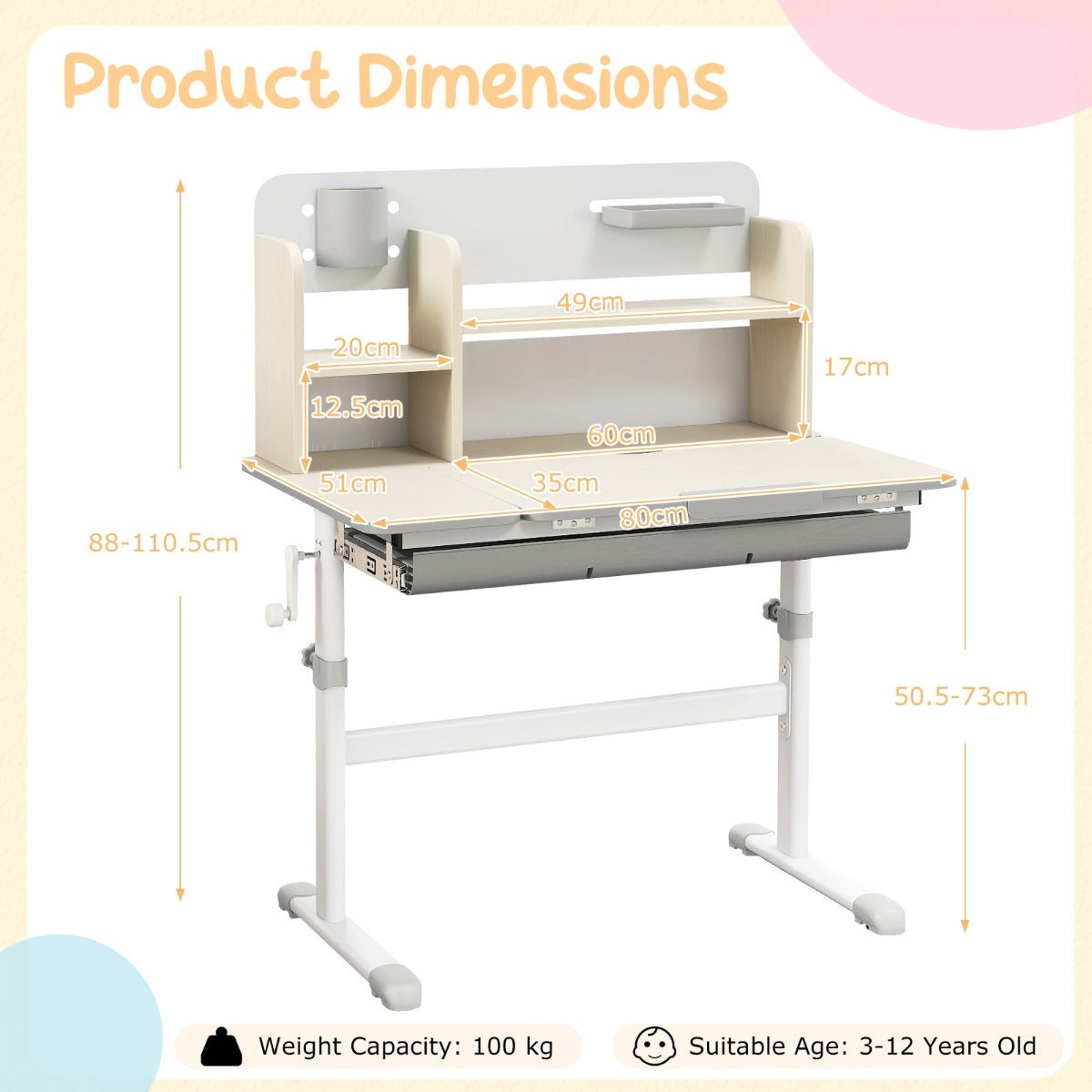 Livsk costway studiebureau voor kinderen in hoogte verstelbare schrijftafel kantelbaar blad kinderbureau met hok lade penhouder meetlat grijs 1 1