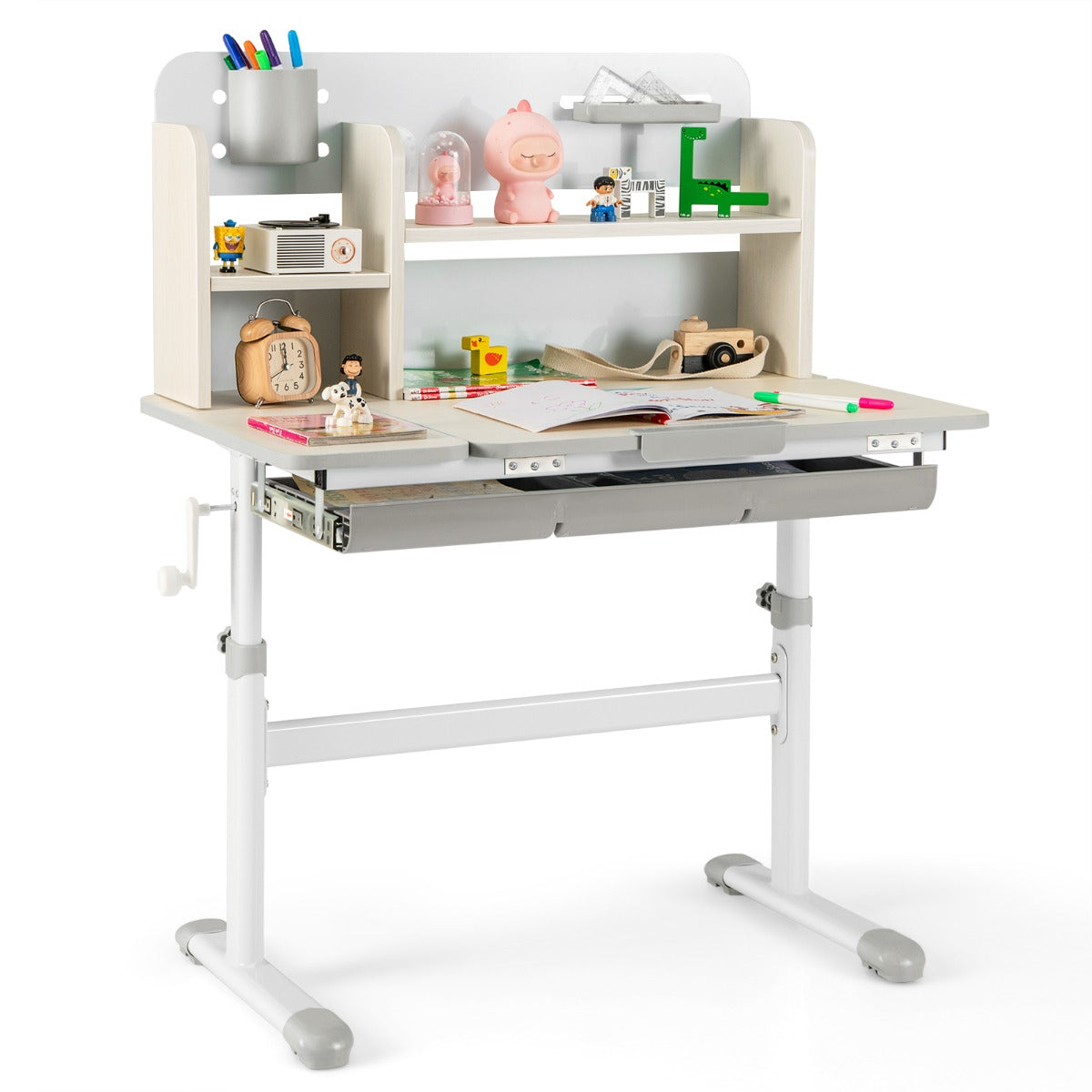 Livsk costway studiebureau voor kinderen in hoogte verstelbare schrijftafel kantelbaar blad kinderbureau met hok lade penhouder meetlat grijs