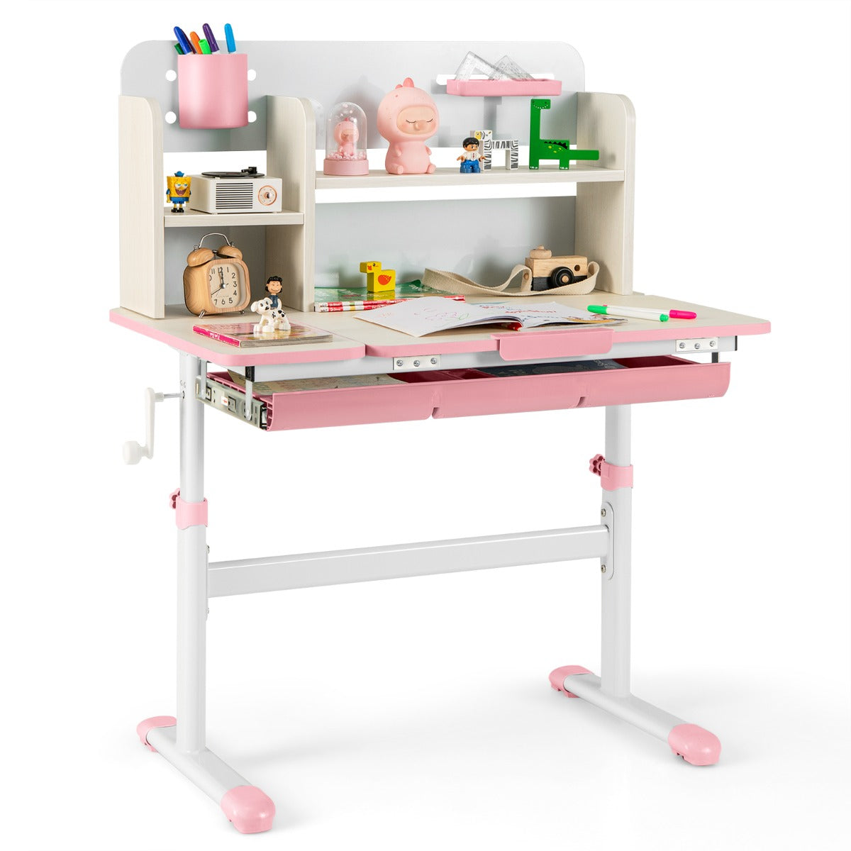 Livsk costway studiebureau voor kinderen in hoogte verstelbare schrijftafel kantelbaar blad kinderbureau met hok lade penhouder meetlat roze