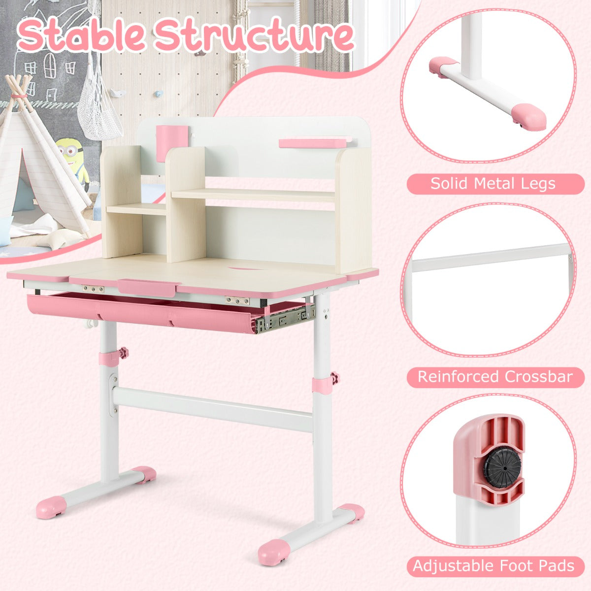 Livsk costway studiebureau voor kinderen in hoogte verstelbare schrijftafel kantelbaar blad kinderbureau met hok lade penhouder meetlat roze 6