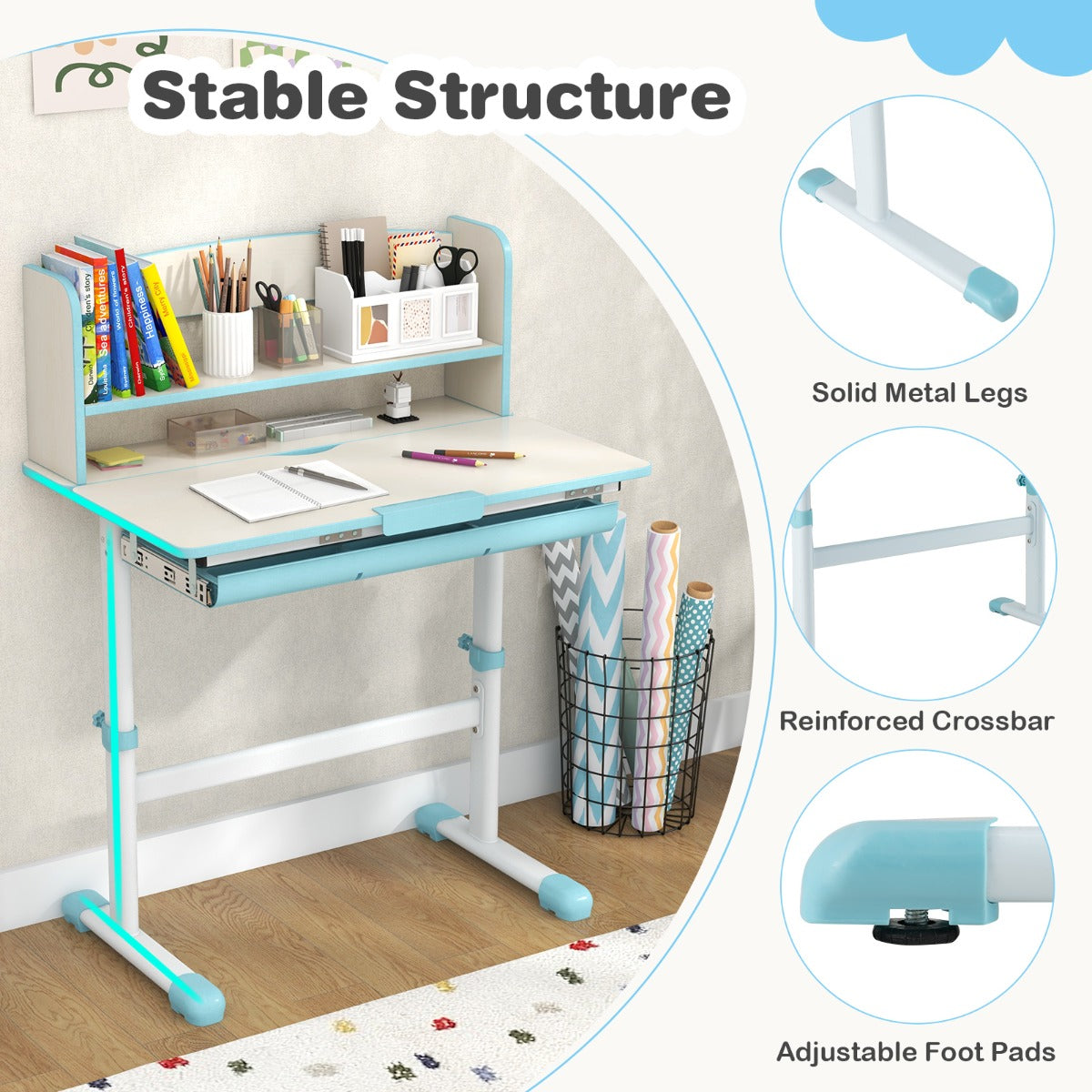 LIVSK Verstelbaar Kinderbureau - Kantelbaar Tafelblad - Opbergvak en Lade - Geschikt voor 3-12 jaar - 80 x 51 x 81,5-104 cm - Roze