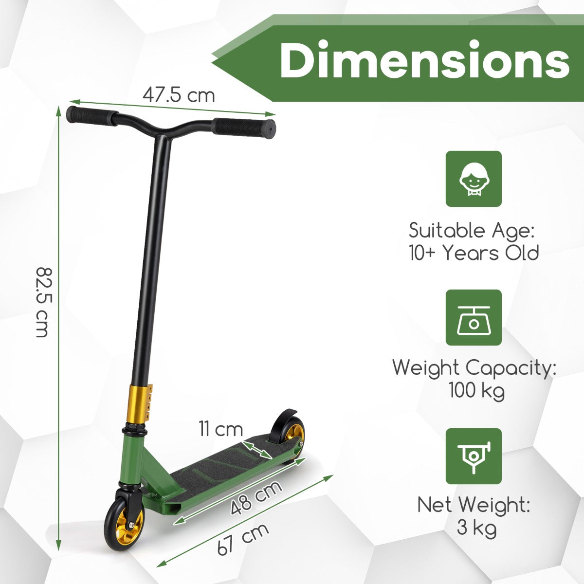 LIVSK Professionele Stuntstep - 110 mm PU Wielen - ABEC-7 Kogellagers - Aluminium Dek - Tot 100 kg - Zwart/Groen/Geel