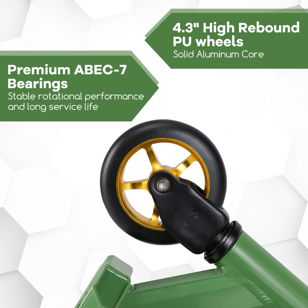 LIVSK Professionele Stuntstep - 110 mm PU Wielen - ABEC-7 Kogellagers - Aluminium Dek - Tot 100 kg - Zwart/Groen/Geel
