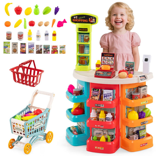 LIVSK Supermarktspeelset voor Kinderen - Inclusief Winkelwagen en 29 Accessoires - Interactieve Kassa - Voor 3 Jaar en Ouders -