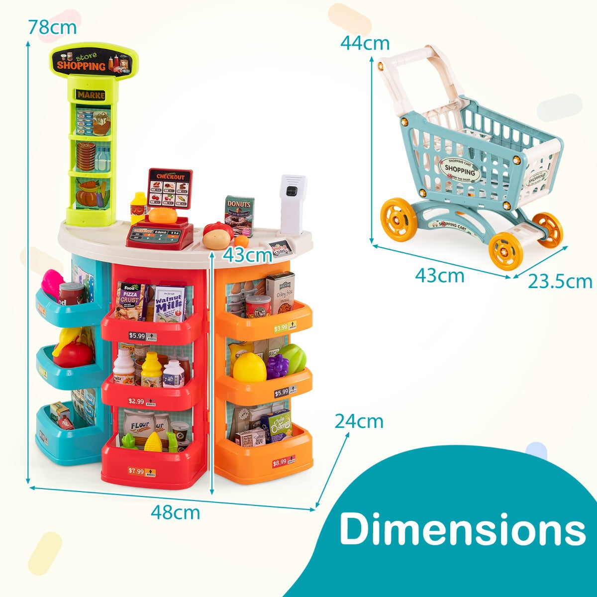 LIVSK Supermarktspeelset voor Kinderen - Inclusief Winkelwagen en 29 Accessoires - Interactieve Kassa - Voor 3 Jaar en Ouders -